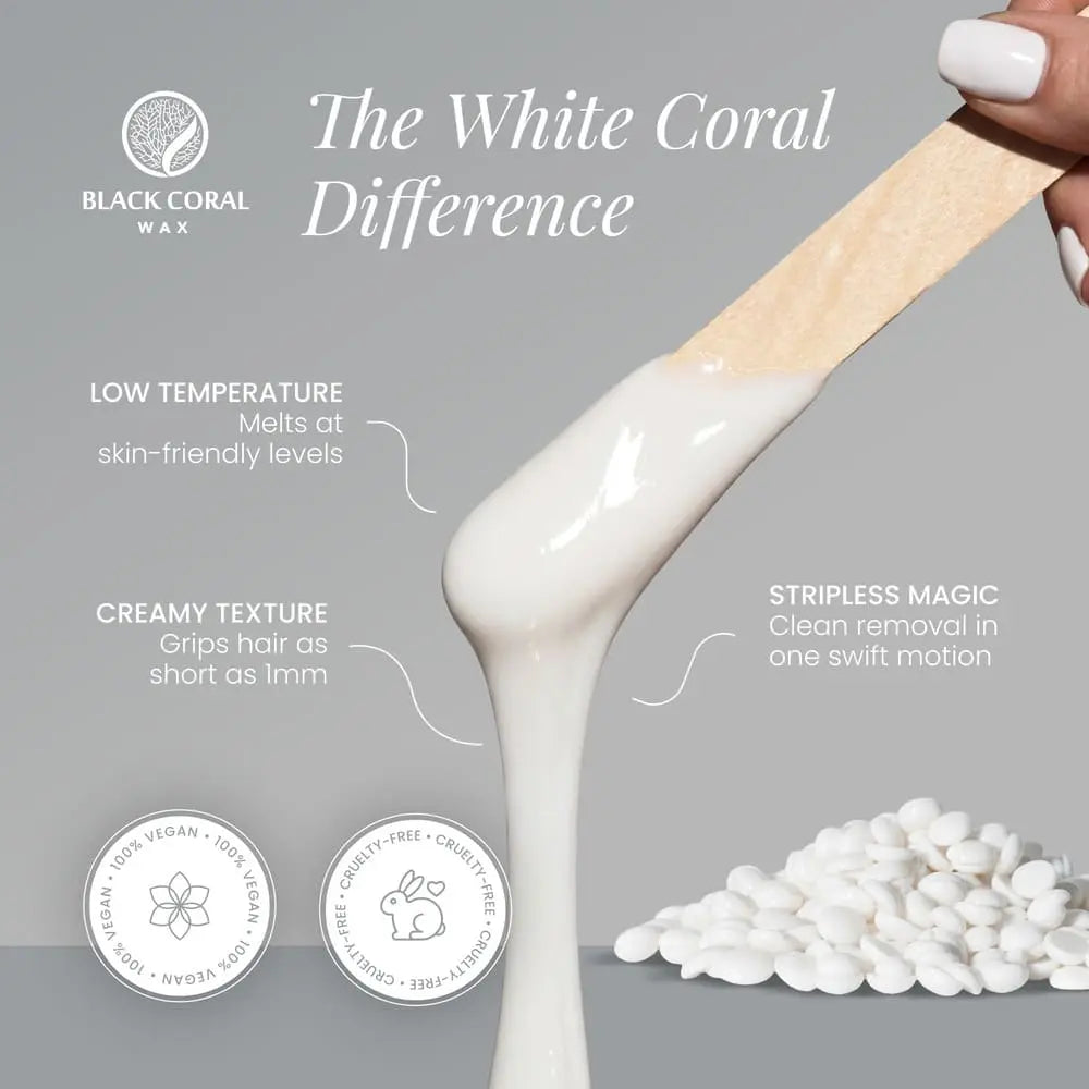 A hand holds Black Coral Wax’s White Coral Wax spatula with creamy white hot wax. Text highlights low-temp, creamy, stripless hair removal—ideal for sensitive skin. Vegan, cruelty-free, 100% natural. White beads shown below.