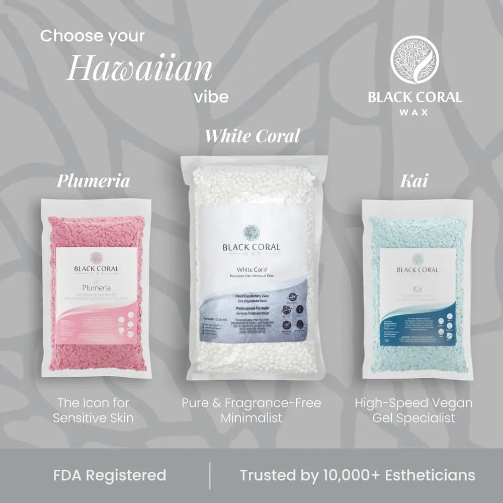 Three bags of Black Coral Wax hot wax beads are shown: Plumeria (pink) for sensitive skin, White Coral Wax (white) for fragrance-free hair removal, and Kai (blue) for vegan, high-speed gel waxing. Brand trust is emphasized.
