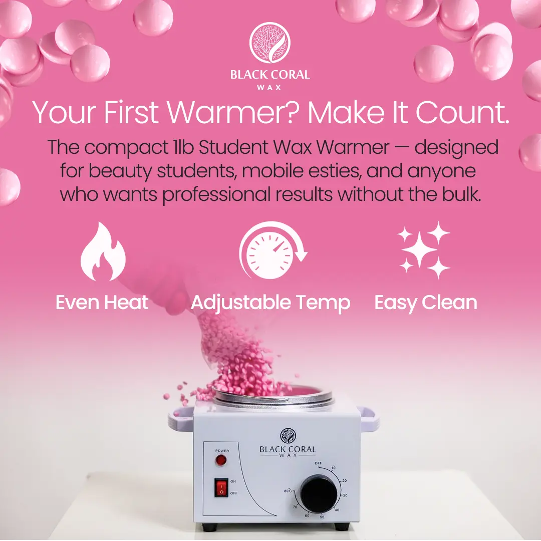 Student Wax Heater 500ml by Black Coral Wax with pink hot wax beads - even heat, adjustable temperature and easy cleaning
