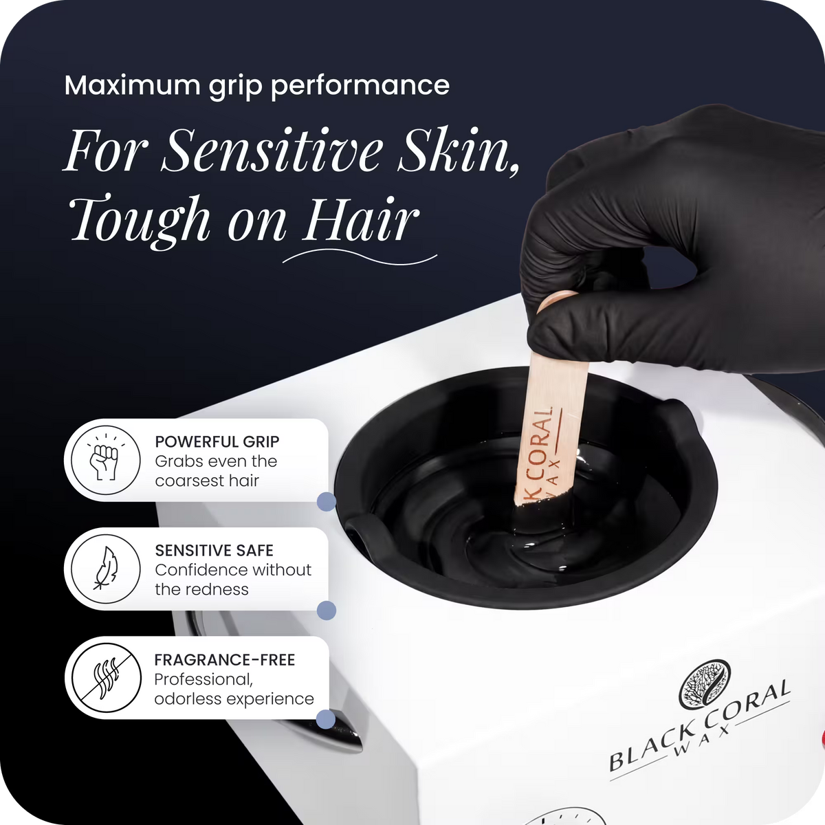 Beauty therapist applying Black Coral Hard Wax from wax warmer – fragrance-free, sensitive skin safe, strong grip