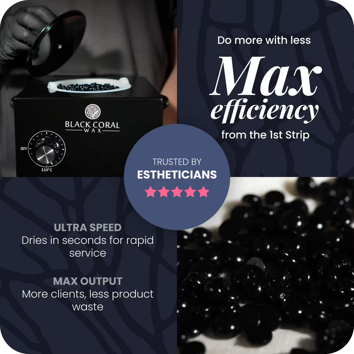 Black Coral Wax warmer with black wax beads – fast-drying, high-efficiency formula trusted by beauty professionals