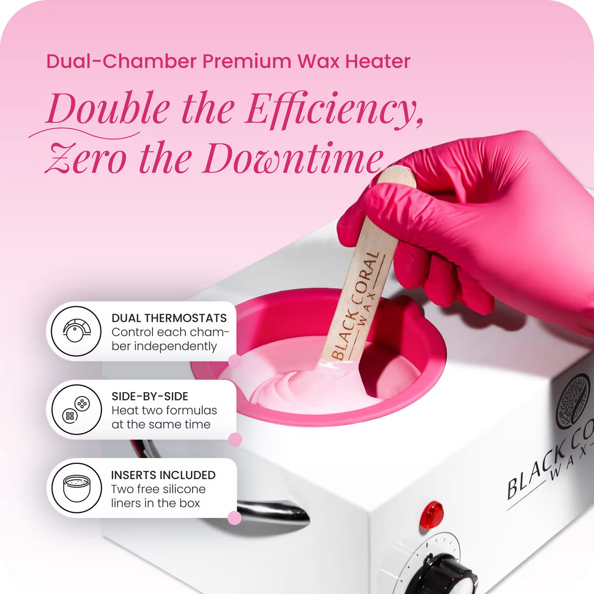 Black Coral Wax double wax heater with dual thermostats – professional hot wax machine with two independent chambers and silicone inserts included