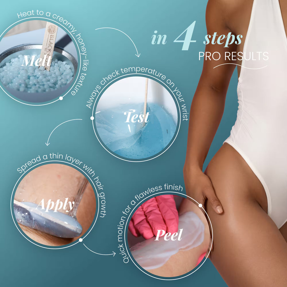 Kai wax 4-step tutorial – heat beads to creamy texture, test temperature, apply evenly, peel for professional results