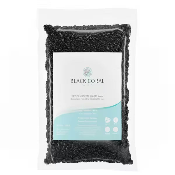 A Black Coral Hard Wax pack from Black Coral Wax USA . The transparent bag displays black beads, with a white label featuring the logo and text on its stripless wax formula for lasting hair removal, plus detailed usage directions.