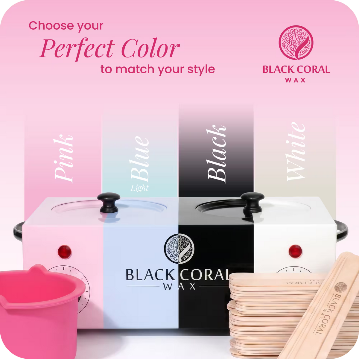 Black Coral Wax double wax heater available colours – choose from pink, light blue, black and white dual hot wax machine and wax pot
