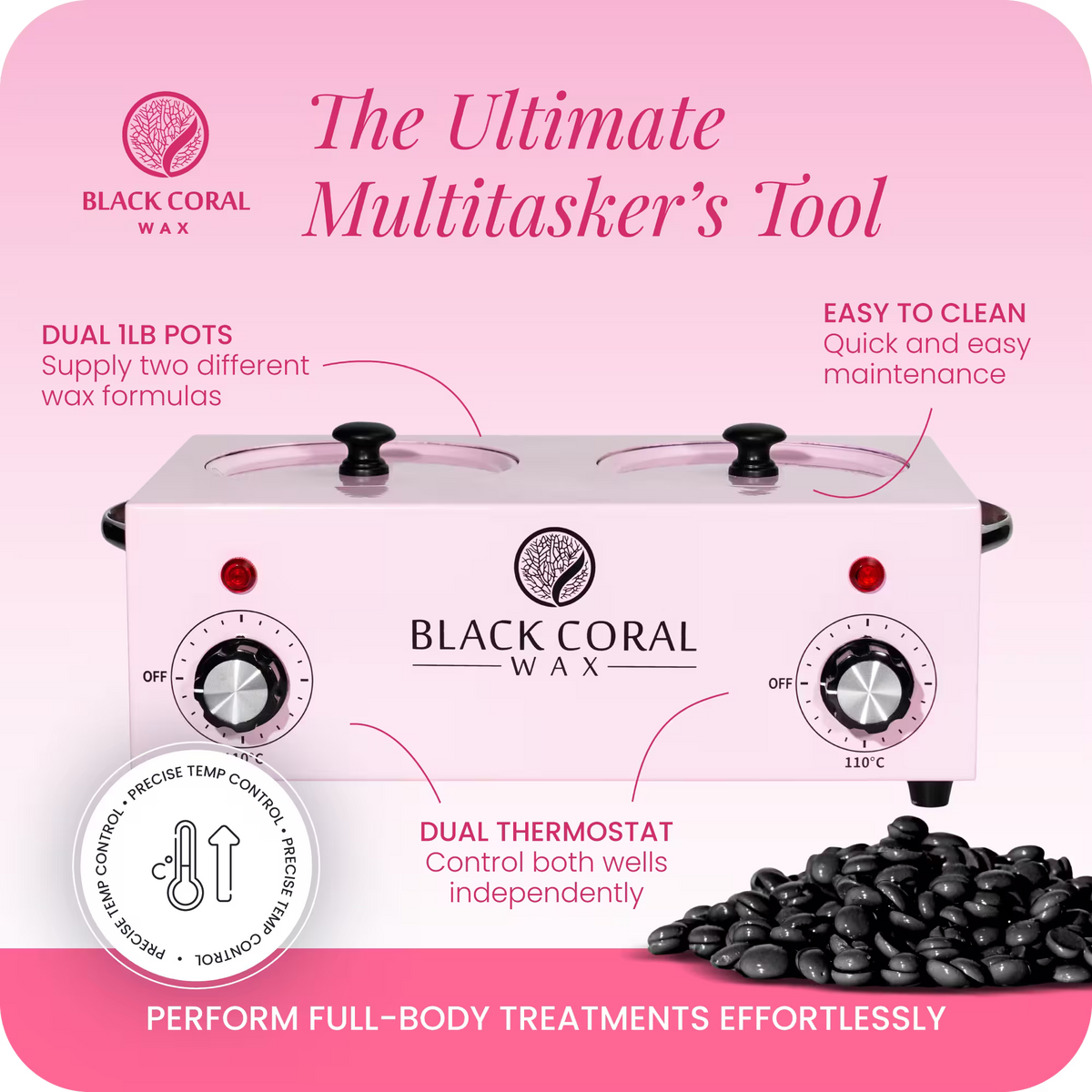 Black Coral Wax double wax heater with two independent wax pots and dual thermostat – professional hot wax machine for full body treatments