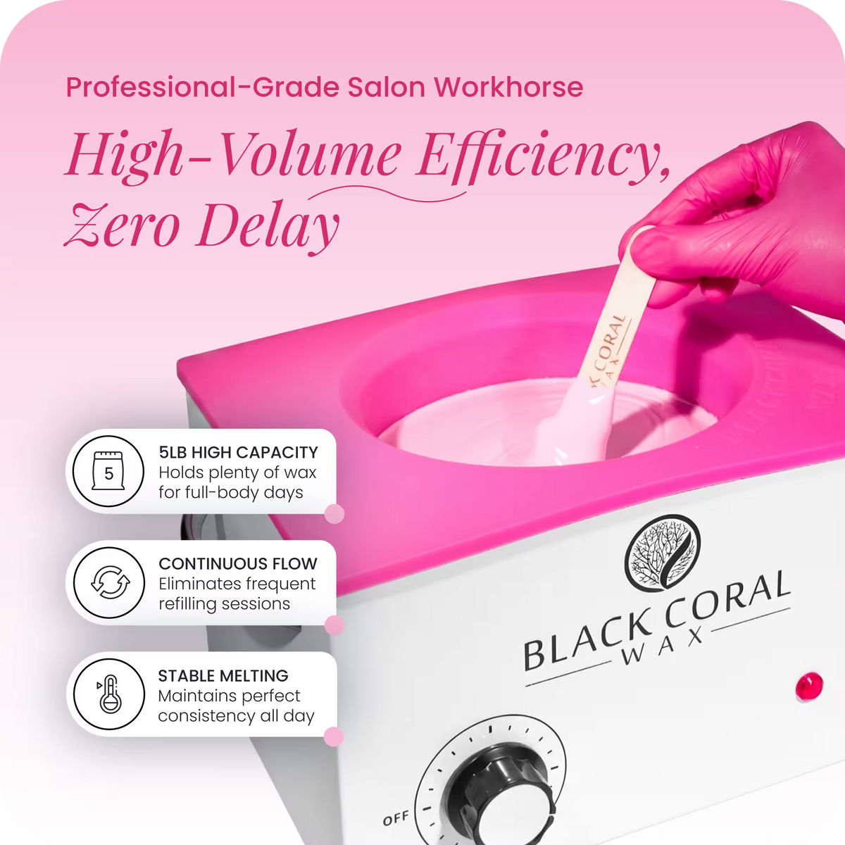 Black Coral Wax large wax heater showing temperature control – professional hot wax pot with UK measurements