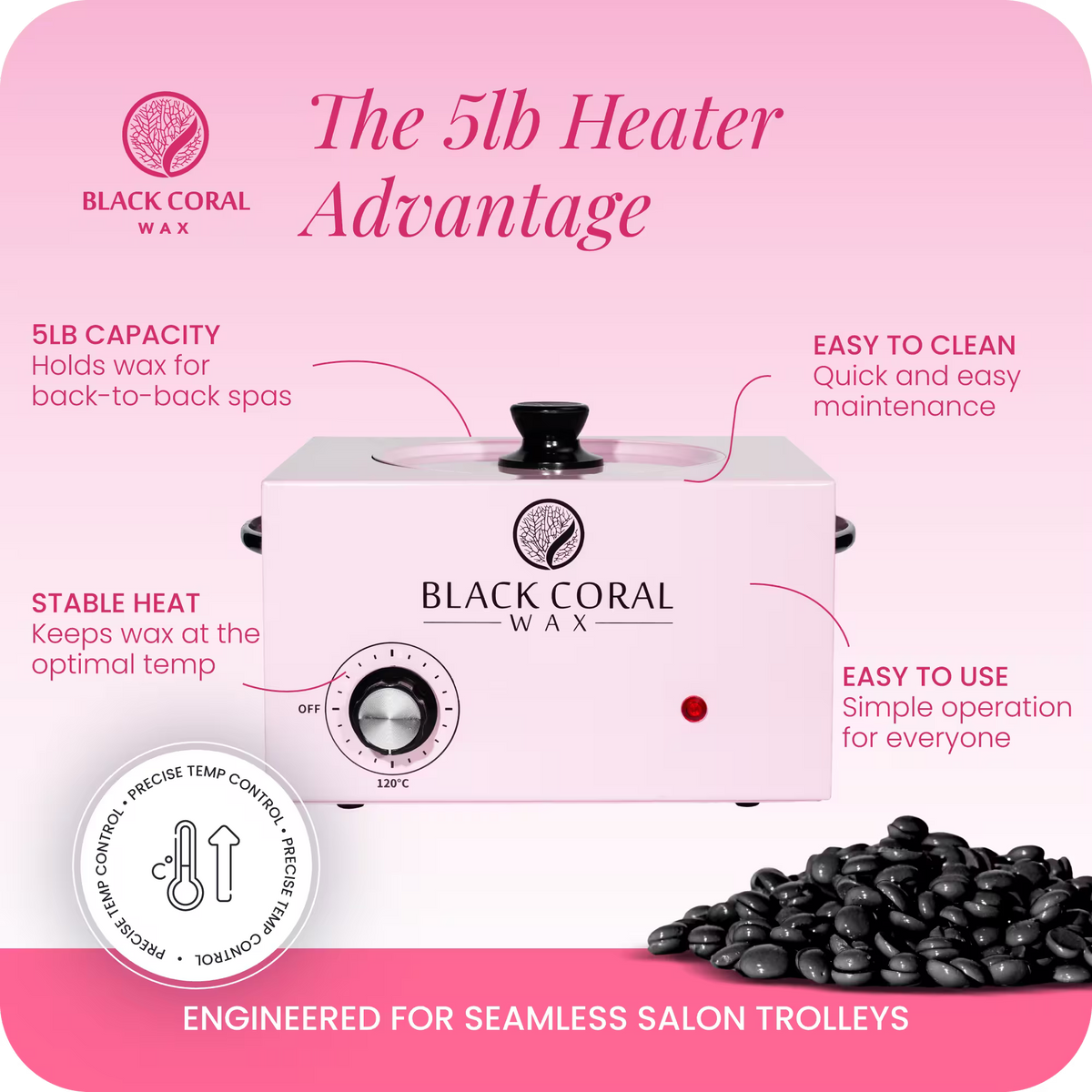 Black Coral Wax large wax heater showing temperature control – professional hot wax pot with UK measurements