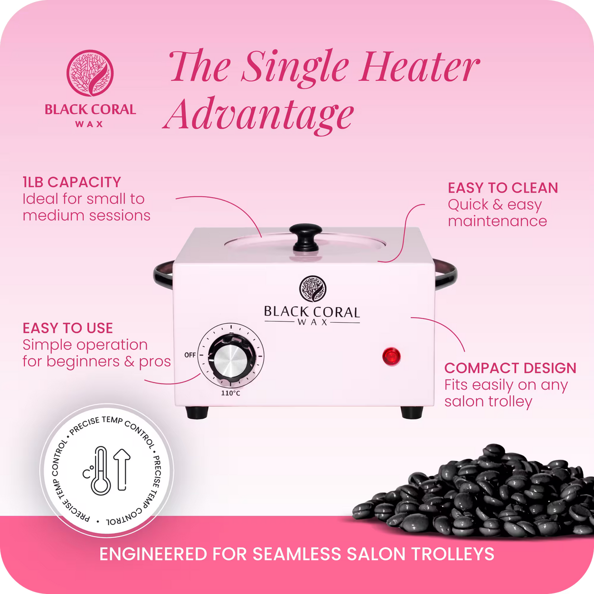 Black Coral Wax single wax heater 500ml compact design – 1lb capacity professional hot wax machine fits easily on any salon trolley