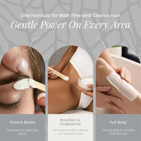 A collage shows White Coral Wax from Black Coral Wax applied to eyebrows, underarms, and legs, with text highlighting its gentle, precise use for face, underarms, and body—ideal for sensitive skin and effective on fine or coarse hair.