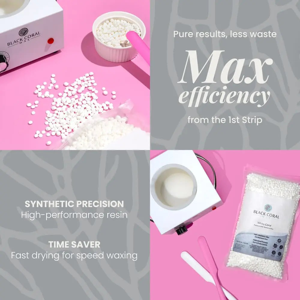 A collage features Black Coral Wax's White Coral Wax: white beads near a warmer and spatula on a pink backdrop with branded packaging. Highlighted text notes maximum efficiency, precise hair removal, and gentle care for sensitive skin.