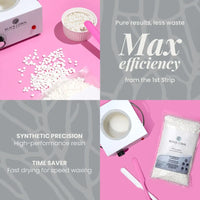 A collage features Black Coral Wax's White Coral Wax: white beads near a warmer and spatula on a pink backdrop with branded packaging. Highlighted text notes maximum efficiency, precise hair removal, and gentle care for sensitive skin.