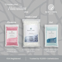 Three bags of Black Coral Wax hot wax beads are shown: Plumeria (pink) for sensitive skin, White Coral Wax (white) for fragrance-free hair removal, and Kai (blue) for vegan, high-speed gel waxing. Brand trust is emphasized.