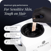Beauty therapist applying Black Coral Hard Wax from wax warmer – fragrance-free, sensitive skin safe, strong grip