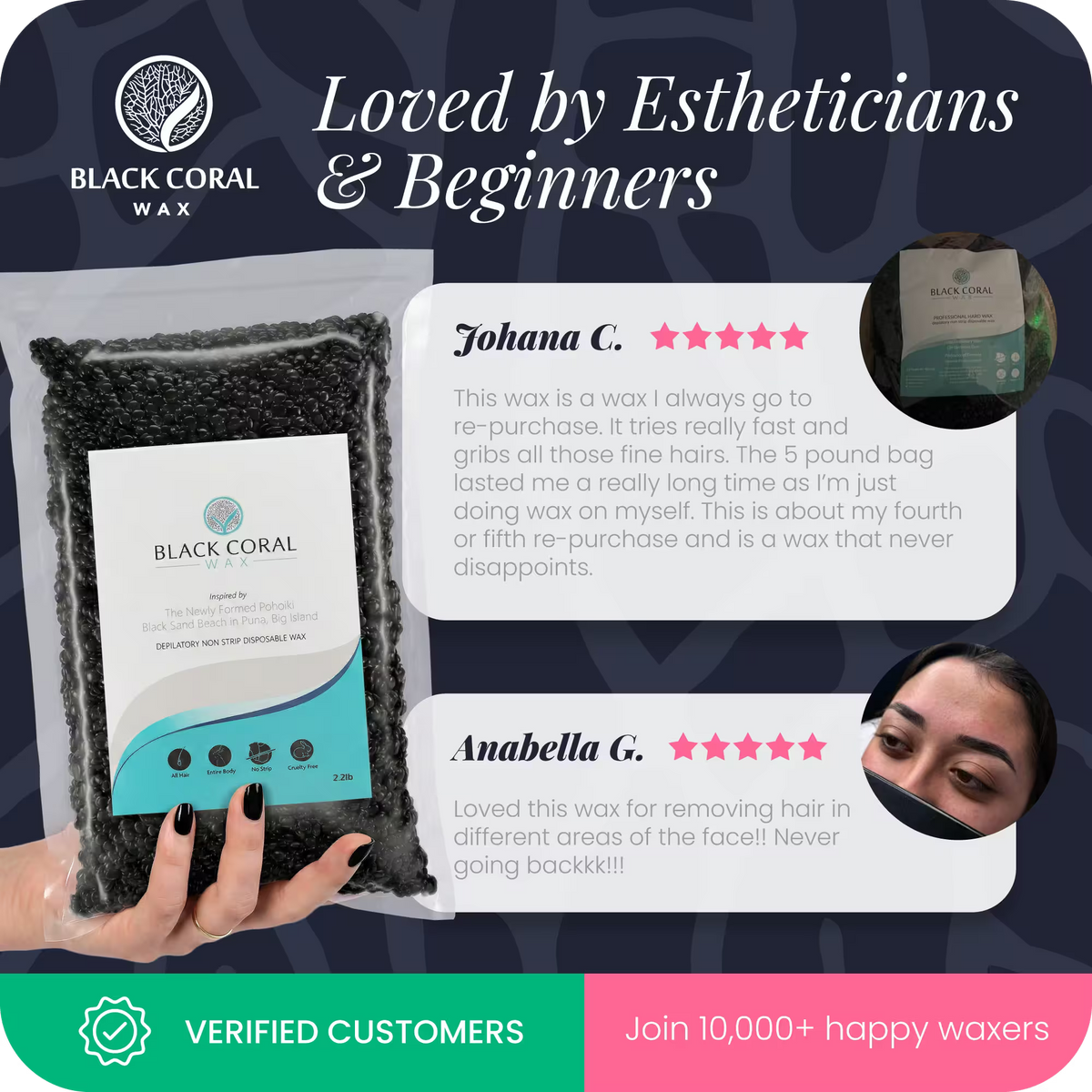 Black Coral Hard Wax 5-star reviews – trusted by estheticians and beginners, 10,000+ verified happy customers