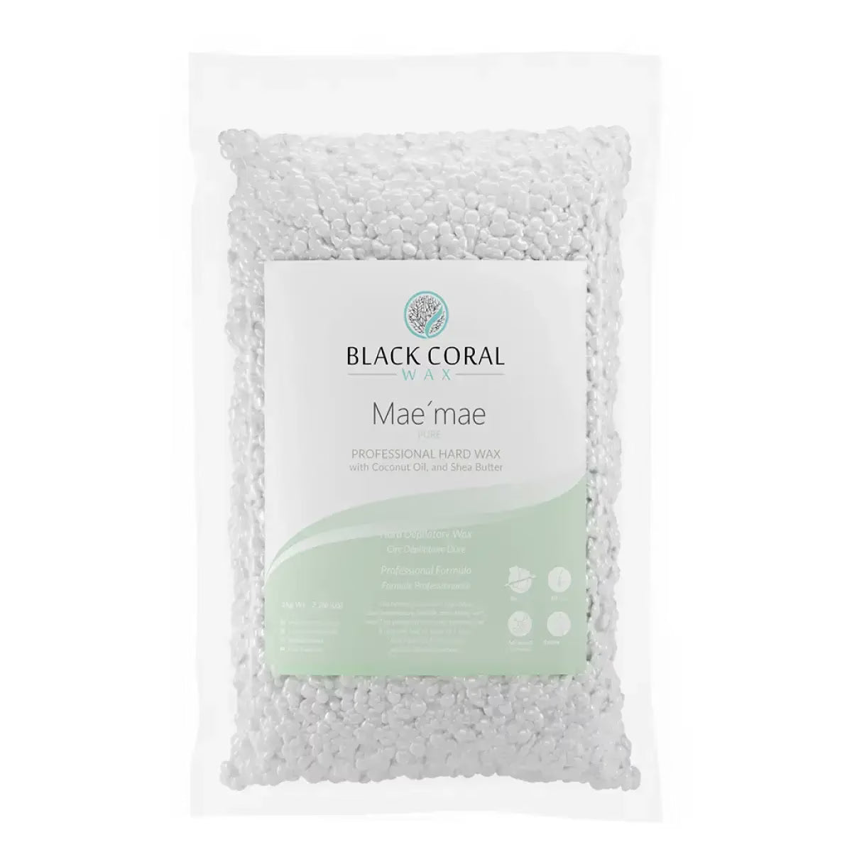 A transparent plastic pouch packed with white Black Coral Wax USA beads, marked as the Mae Mae Waxing , offers gentle, hypoallergenic hair removal for smooth and precise results. The packaging highlights product information and the brand’s signature design.