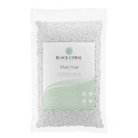 A transparent plastic pouch packed with white Black Coral Wax USA beads, marked as the Mae Mae Waxing , offers gentle, hypoallergenic hair removal for smooth and precise results. The packaging highlights product information and the brand’s signature design.