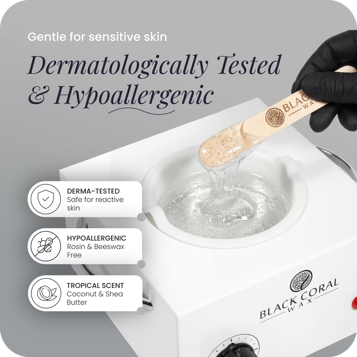 Mae'mae hard wax in professional warmer – dermatologically tested, hypoallergenic, rosin and beeswax free formula