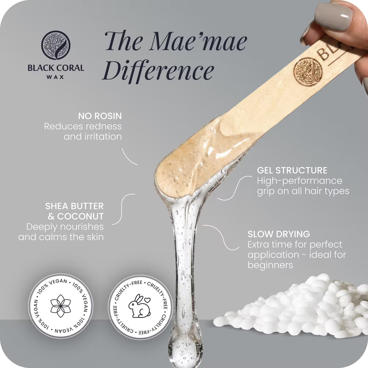 Mae'mae hard wax consistency – no rosin, nourishing shea butter and coconut oil, slow drying, vegan, cruelty-free