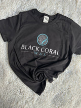 Black unisex Black Coral Wax T-shirt with turquoise and white front logo, short sleeves and round neckline