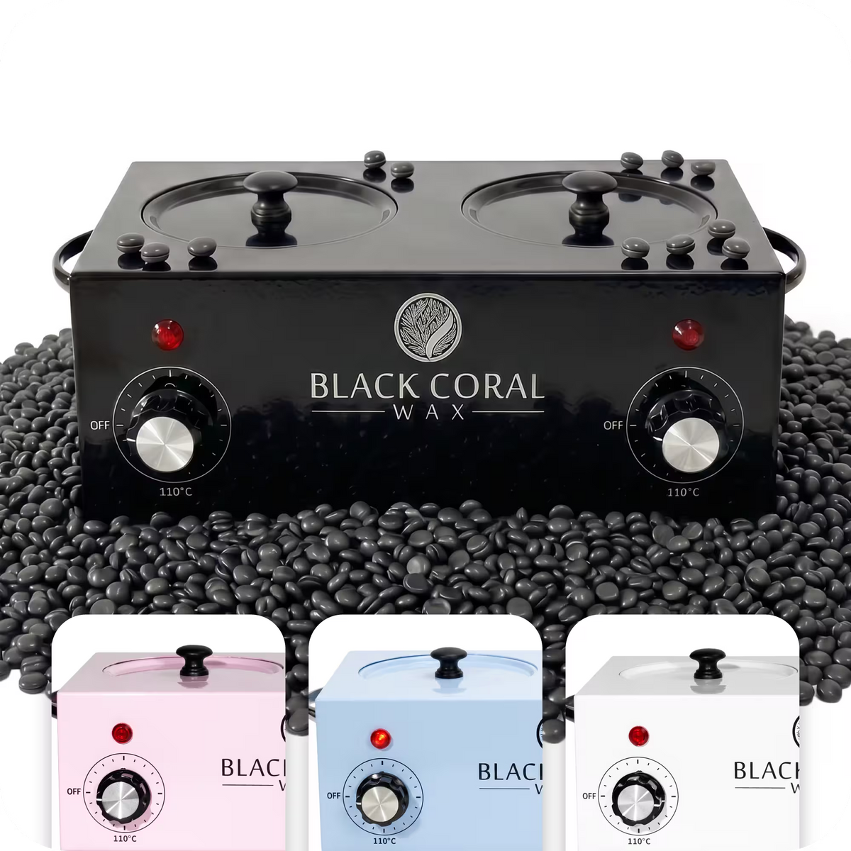 Black Coral Wax dual chamber double wax heater in black – professional hot wax machine and wax pot available in pink, light blue and white