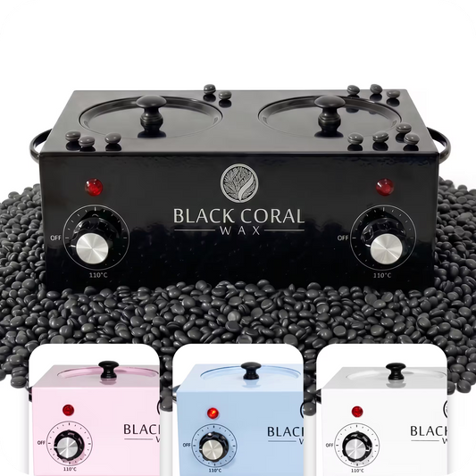 Black Coral Wax dual chamber double wax heater in black – professional hot wax machine and wax pot available in pink, light blue and white