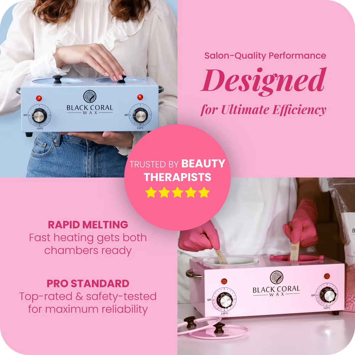 Black Coral Wax double wax heater trusted by beauty therapists – salon-quality dual hot wax machine with rapid melting and pro standard safety