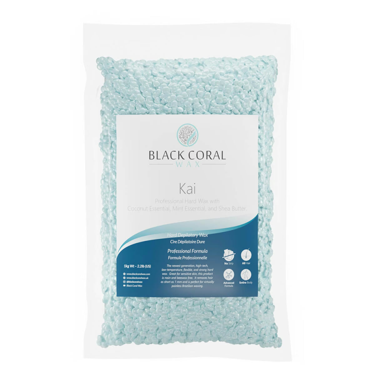 Turquoise Kai Hard Hard Wax beads from Black Coral Wax , neatly packed in a clear pouch with visible product branding.
