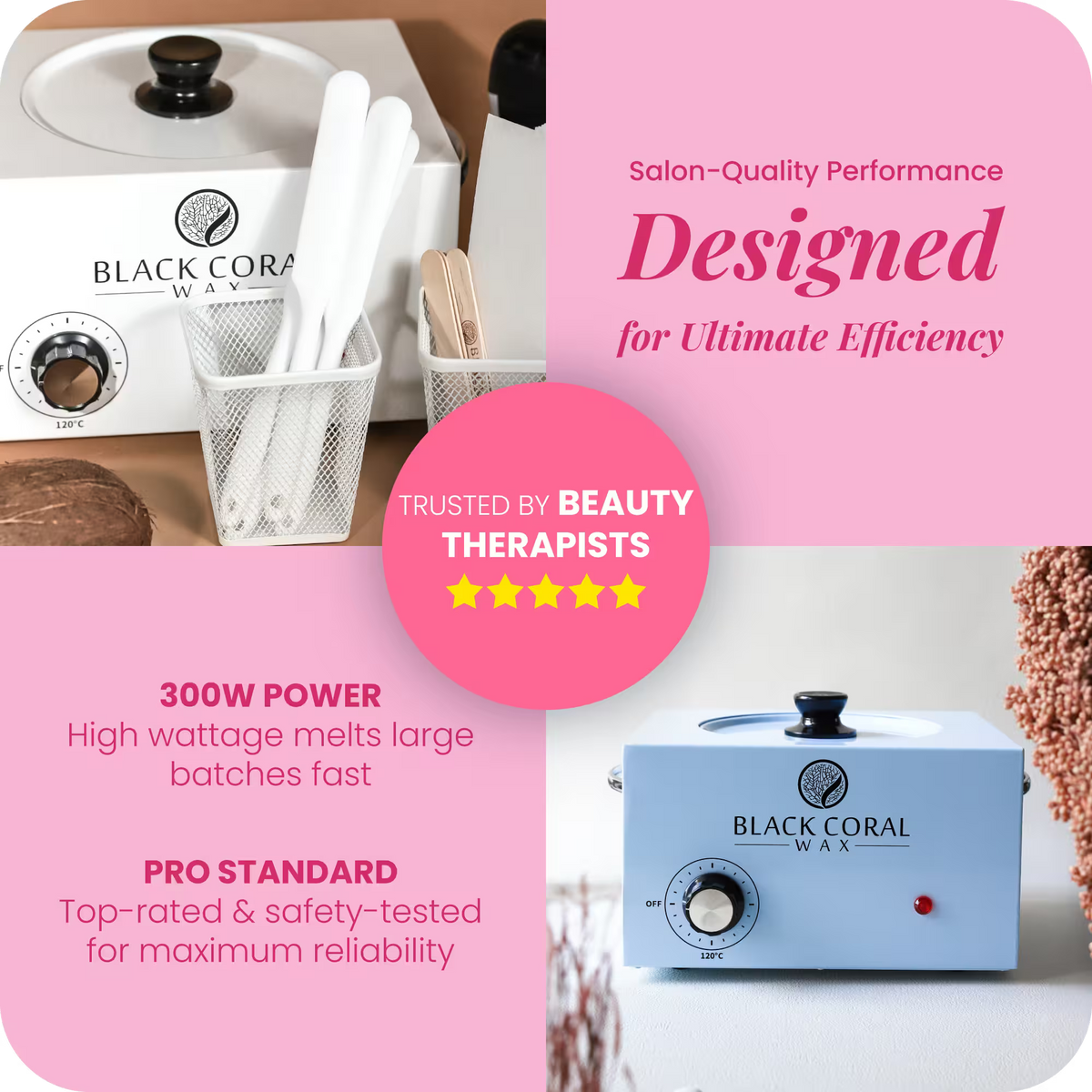 Black Coral Wax large hot wax pot in use – professional wax heater for full body waxing shown with UK pricing