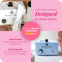Black Coral Wax large hot wax pot in use – professional wax heater for full body waxing shown with UK pricing