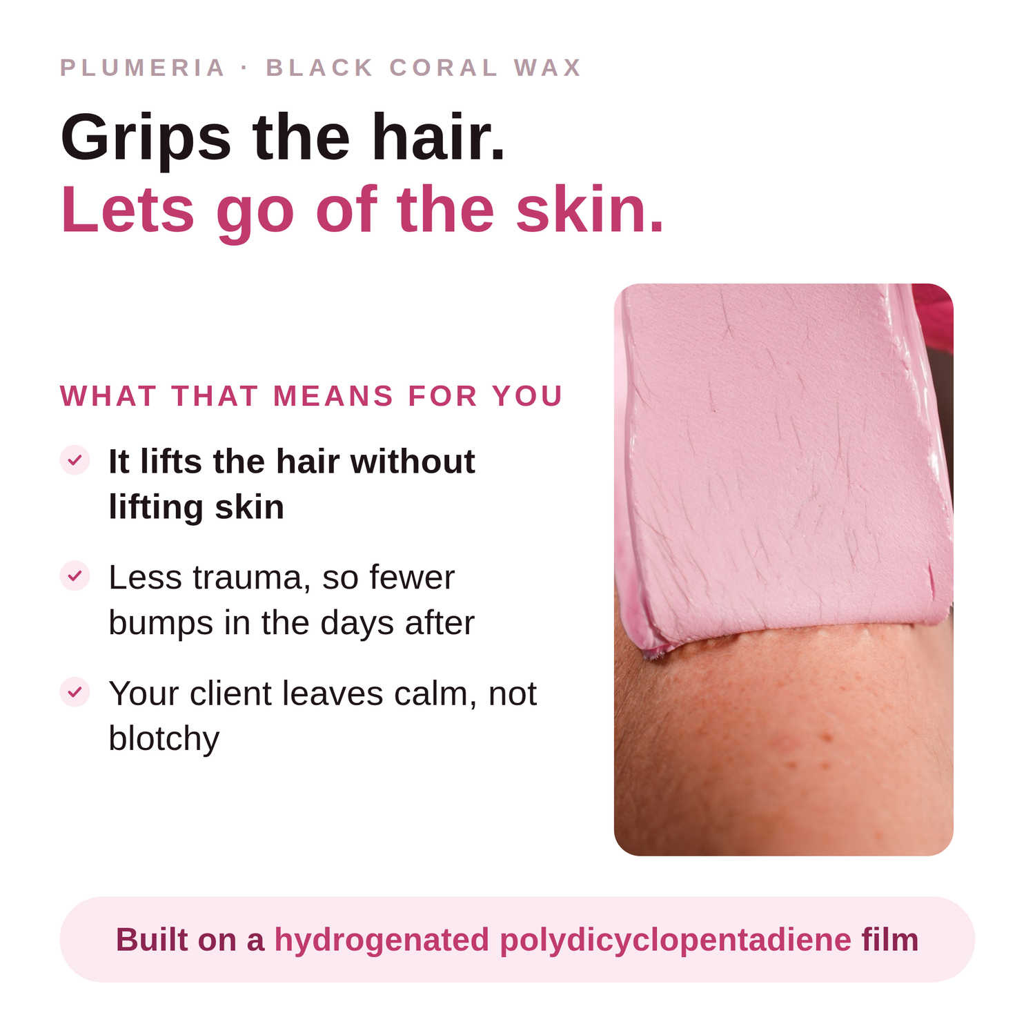Plumeria hard wax hair grip and skin contact infographic