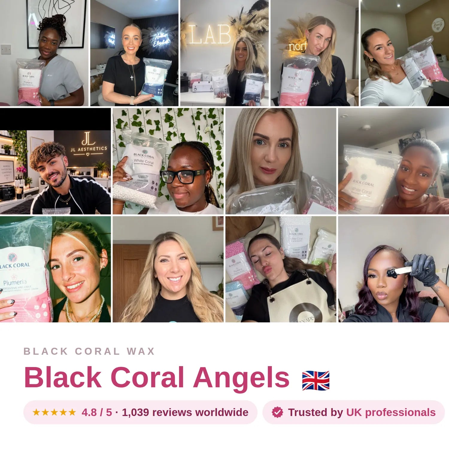 Black Coral Angels: customer photo collage, worldwide review score and trust from UK professionals