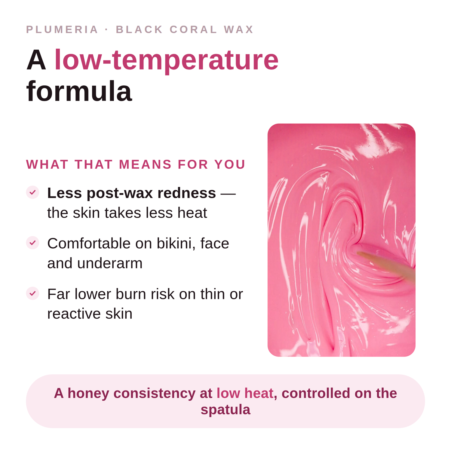 Plumeria low-temperature hard wax formula infographic